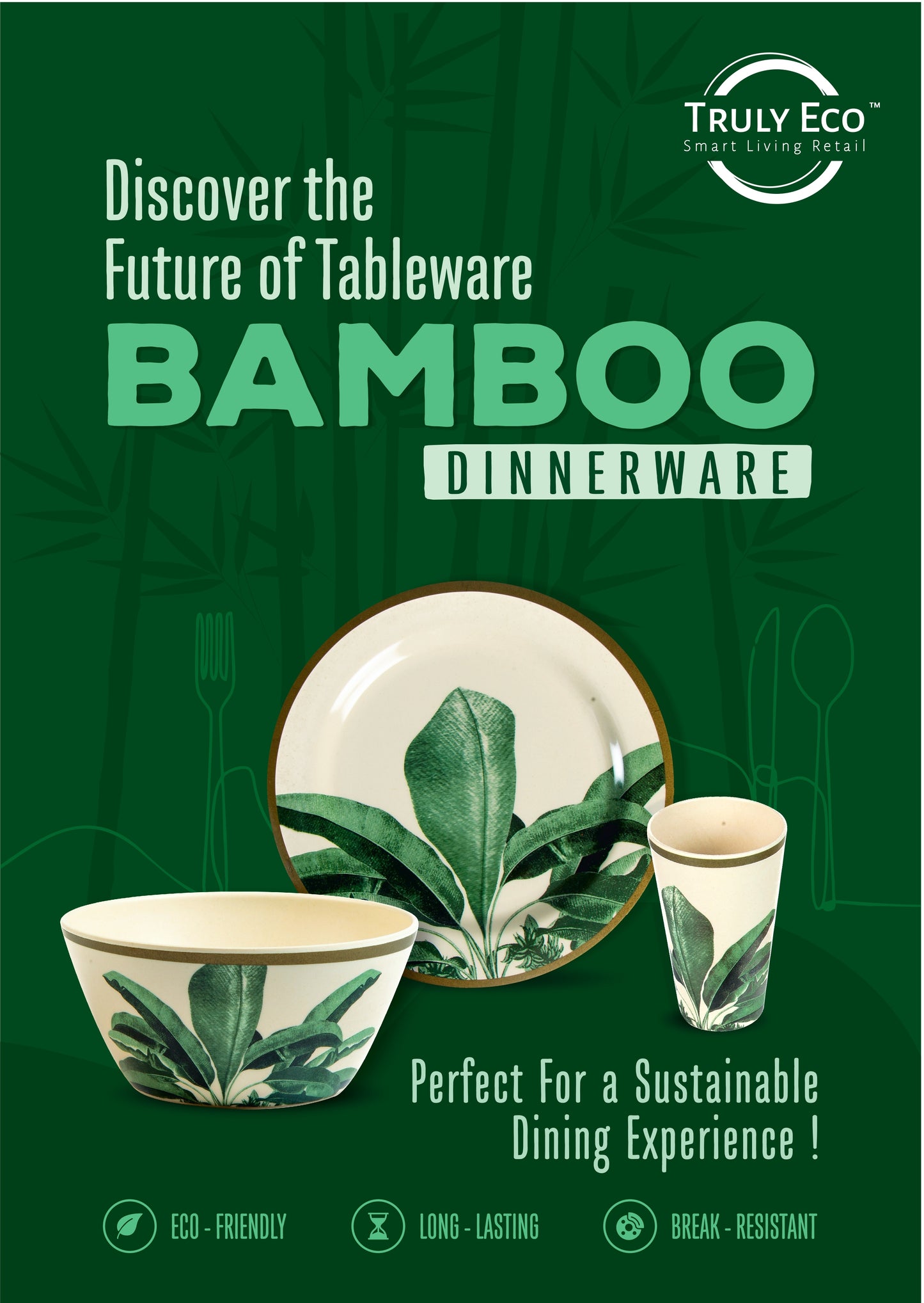 Truly Eco Bamboo Dinner Plates / Plate Sets (Small Plates - 9') - Green Leaf Design - Decor