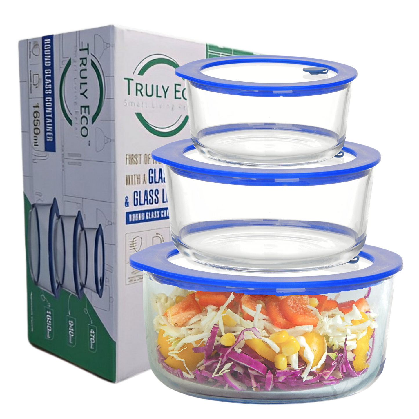 Truly Eco Round Premium Borosilicate Glass Containers Combo Set - 472ml, 944ml and 1652ml