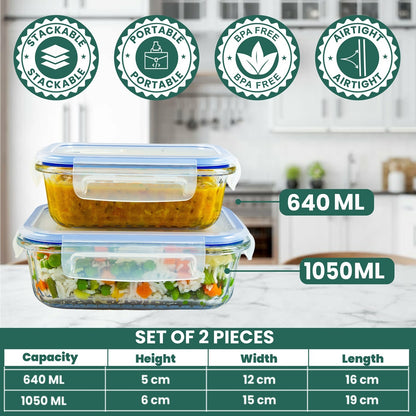 Truly Eco Oblong Borosilicate Glass Containers Combo Set - 640ml and 1050ml