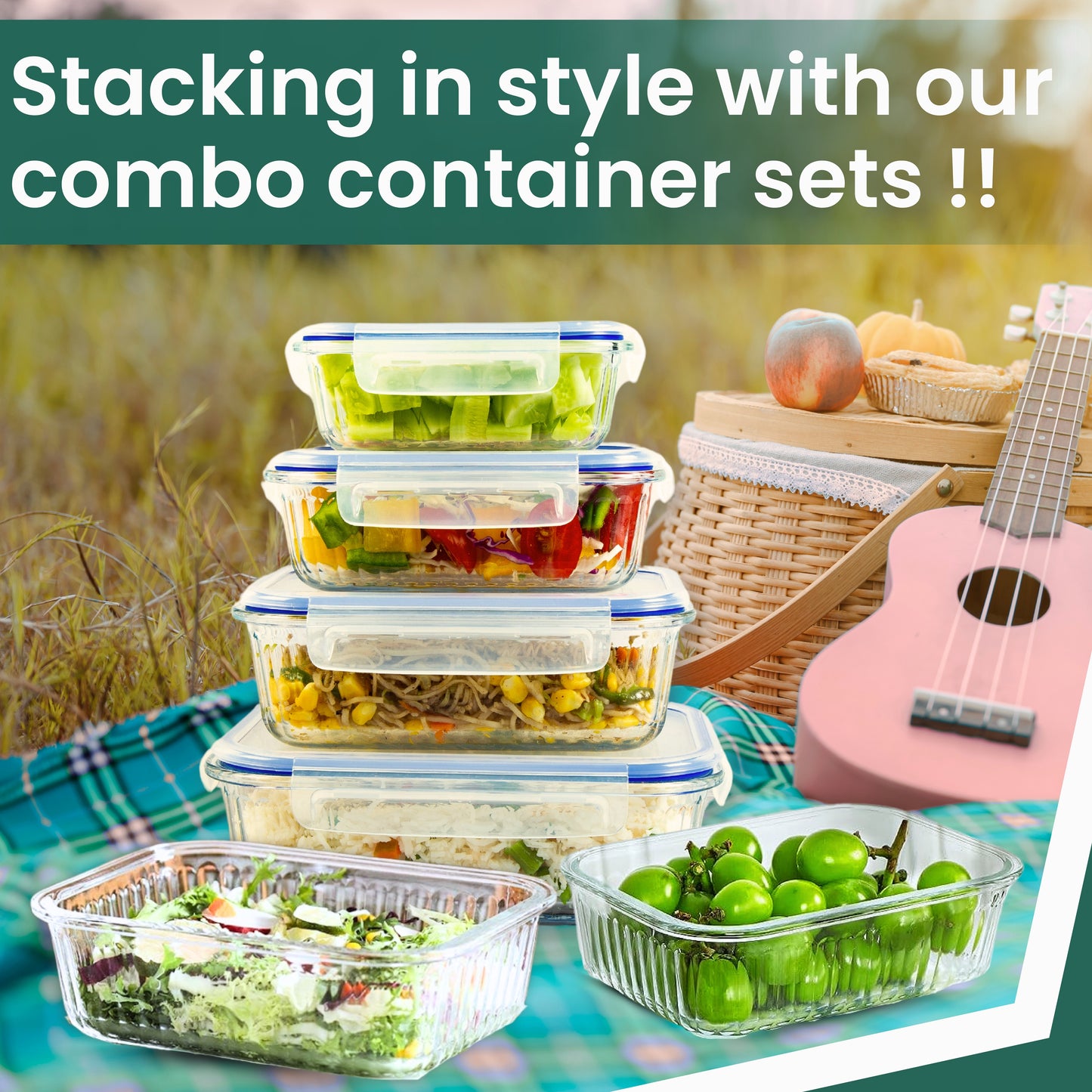 Truly Eco Oblong Borosilicate Glass Containers Combo Set - 370ml, 640ml, 1050ml and 1520ml