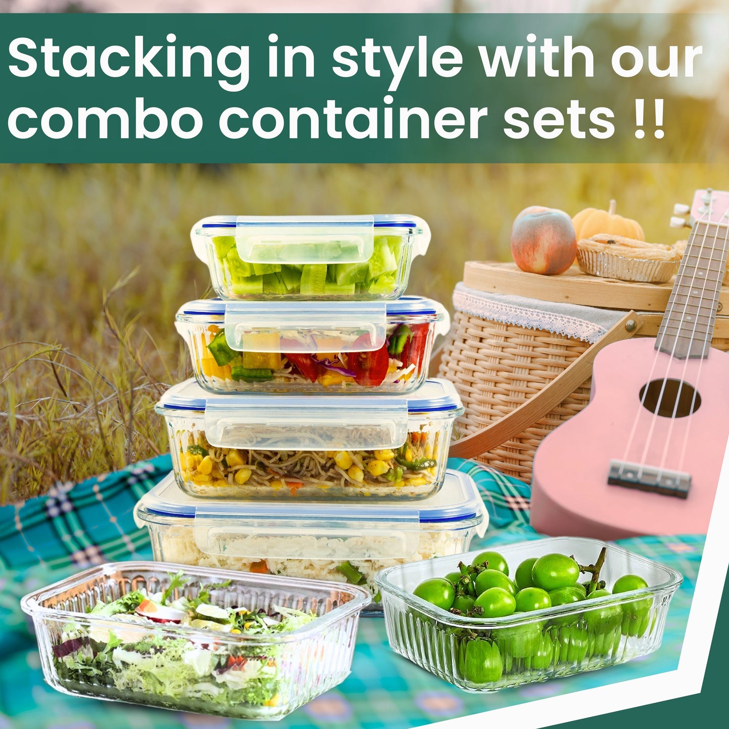 Truly Eco Oblong Borosilicate Glass Containers Combo Set - 640ml and 1050ml