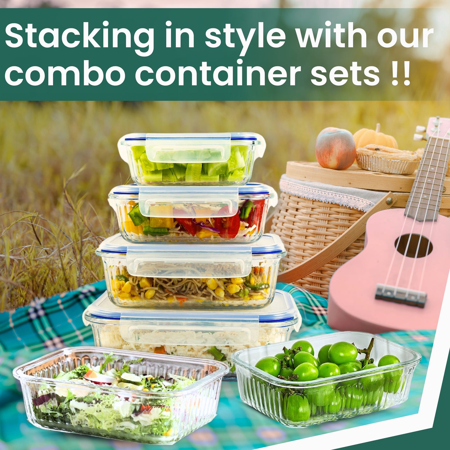 Truly Eco Oblong Borosilicate Glass Containers Combo Set - 370ml and 640ml