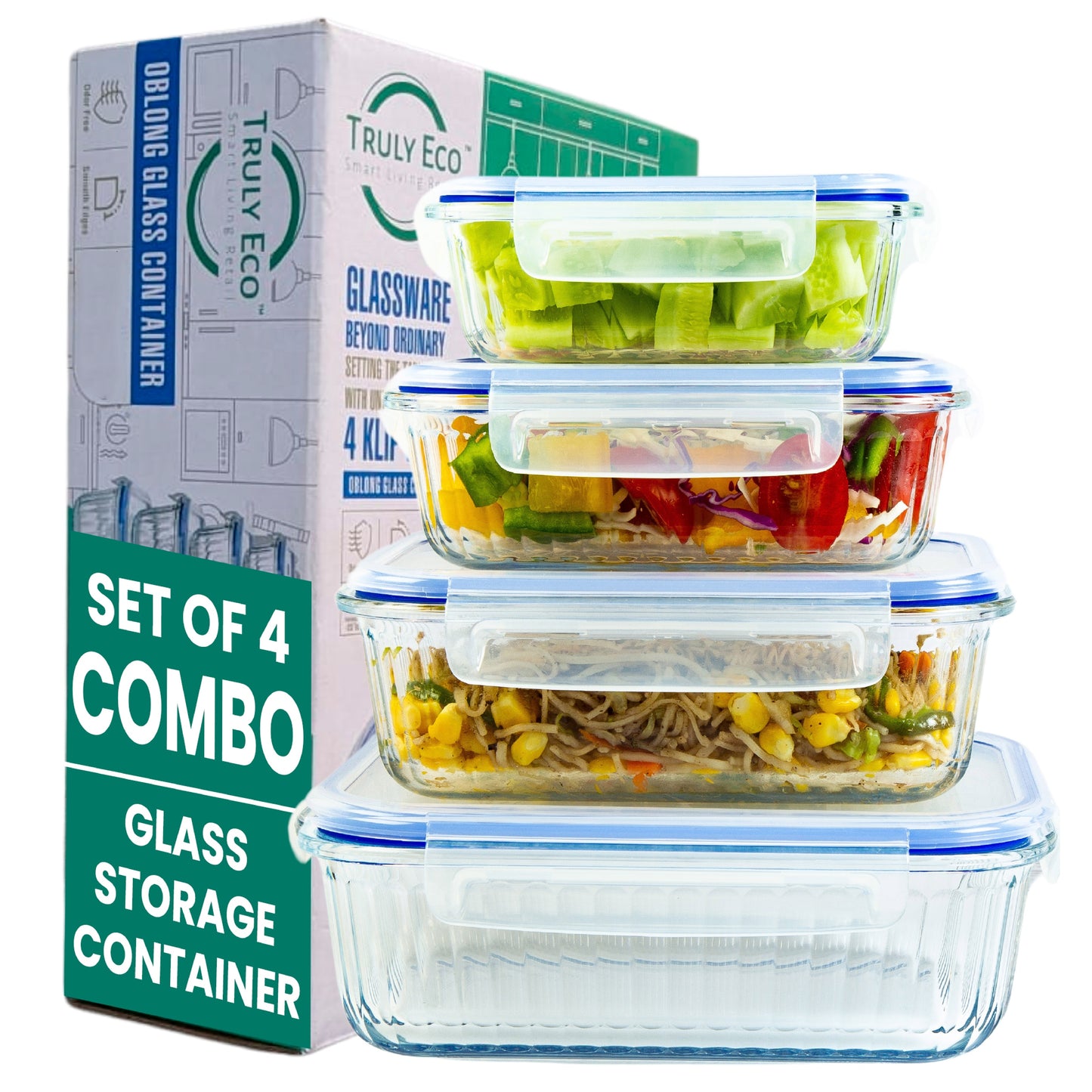 Truly Eco Oblong Borosilicate Glass Containers Combo Set - 370ml, 640ml, 1050ml and 1520ml