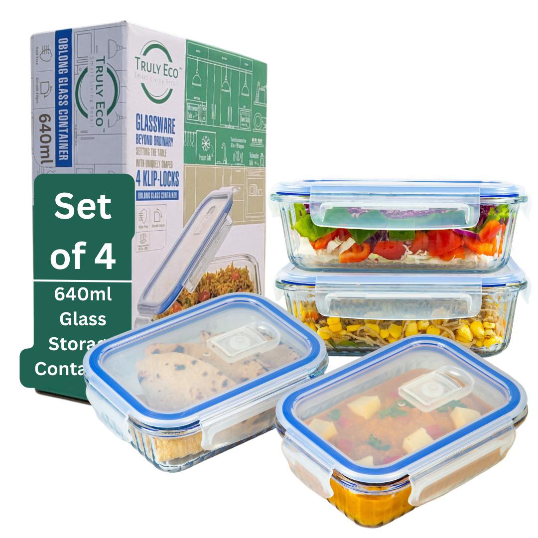 Truly Eco 640ml Air-Tight Oblong Ribbed Borosilicate Glass Containers with Lid