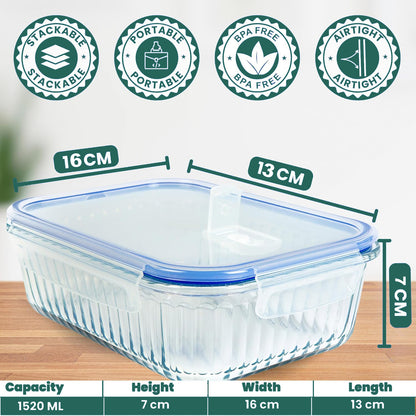 Truly Eco 1520ml Air-Tight Oblong Ribbed Borosilicate Glass Containers with Lid
