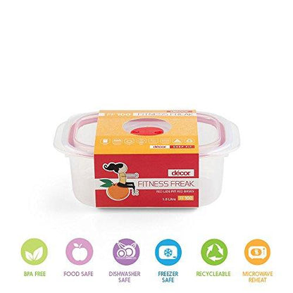 Décor BPA Free Rectangular Stackable Kitchen Airtight Storage Container With Microwave Safe Airvent Lids, Dishwasher Safe, Freezer Safe , 1 Litre, Red - Decor