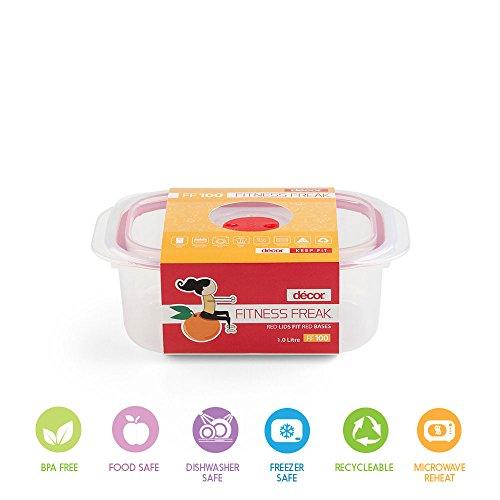 Décor BPA Free Rectangular Stackable Kitchen Airtight Storage Container With Microwave Safe Airvent Lids, Dishwasher Safe, Freezer Safe , 1 Litre, Red